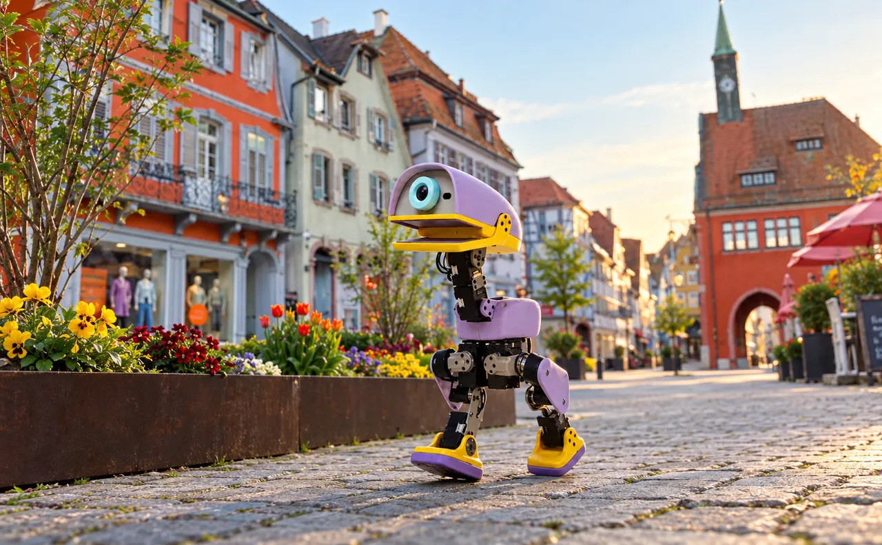 Microduck open-source biped robot for physical AI and reinforcement learning walking through the historic town square in Lahr, Black Forest